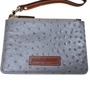 New with Tag Dooney & Bourke Flat Ostrich Leather Wristlet 8 x 5 3/4 Gray Brown